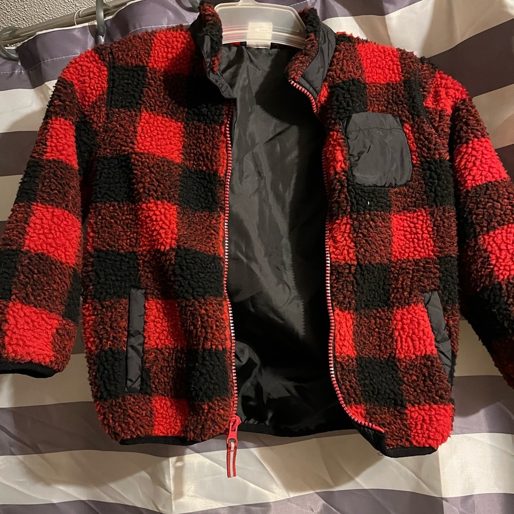 Kids Red and Black Plaid Sherpa Jacket